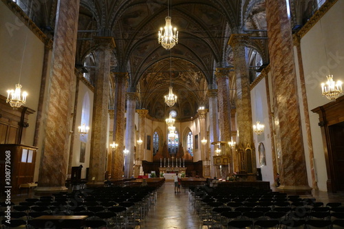 Interior of Cathedral of St. Lawrence  Perugia. Interior of Cathedral of St. Lawrence is characterized by three naves and a vaulted ceiling entirely frescoed. It is situated in Perugia  Italy.