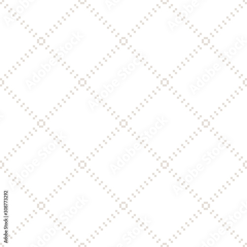 Subtle vector minimalist seamless pattern with tiny squares in diagonal grid. Abstract minimal geometric texture with delicate net, lattice, mesh. White and beige ornament. Simple repeat background