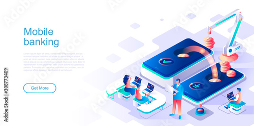Mobile banking landing page vector template. Online smartphone payment website header UI layout with isometric illustration. Digital currency transaction web banner isometry concept
