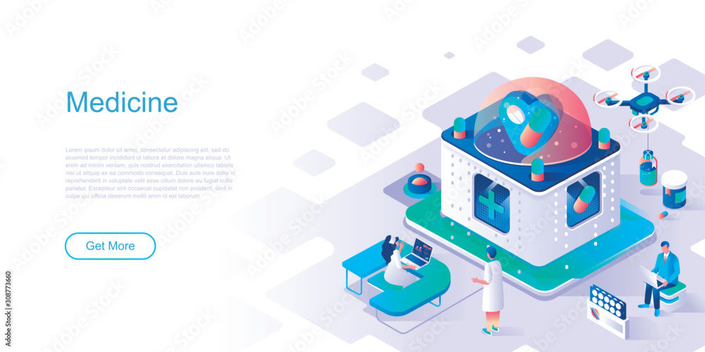 Medicine landing page vector template. Emergency health care aid website header UI layout with isometric illustration. Medicaments and prescription laboratory web banner isometry concept Medicine landing page vector template. Emergency health care aid website header UI layout with isometric illustration. Medicaments and prescription laboratory web banner isometry concept