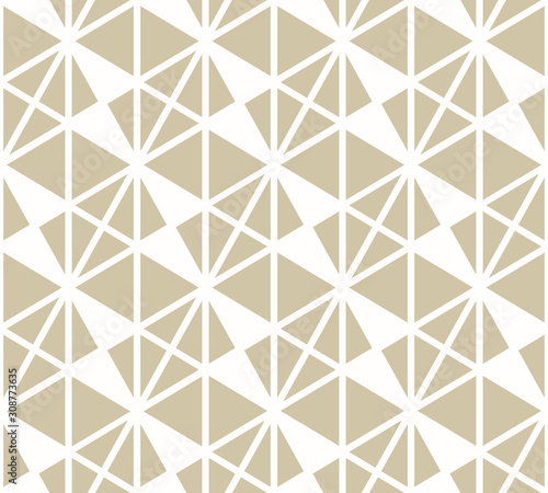 Golden vector geometric seamless pattern with triangles, rhombuses, grid, net, triangular mesh. Elegant gold and white texture. Abstract minimal background. Repeat design for decor, wallpapers, print