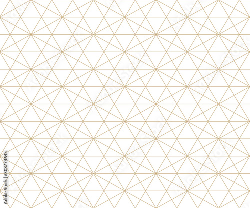 Golden lines pattern. Vector geometric seamless texture with delicate grid, thin diagonal lines, hexagons, triangles. Abstract white and gold graphic background. Subtle repeat ornament. Premium design