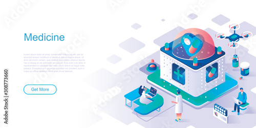 Medicine landing page vector template. Emergency health care aid website header UI layout with isometric illustration. Medicaments and prescription laboratory web banner isometry concept