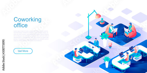 Coworking office landing page vector template. Freelance startup team website header UI layout with isometric illustration. Professional meeting in workplace web banner isometry concept