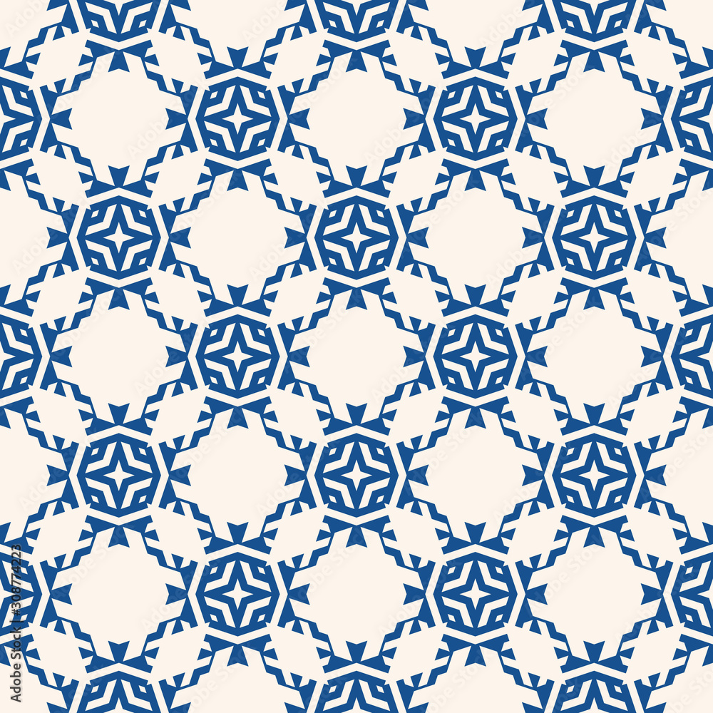 Vector ornamental seamless pattern. Floral geometric background, repeat tiles, diamonds, stars, flower grid, lattice. Abstract indigo blue and white ornament texture. Elegant oriental style design Vector ornamental seamless pattern. Floral geometric background, repeat tiles, diamonds, stars, flower grid, lattice. Abstract indigo blue and white ornament texture. Elegant oriental style design
