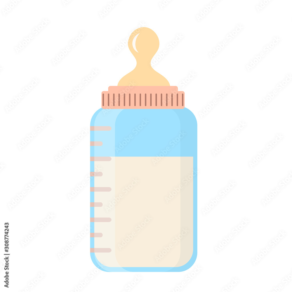 Baby milk bottle in cartoon flat style on white, stock vector illustration Baby milk bottle in cartoon flat style on white, stock vector illustration