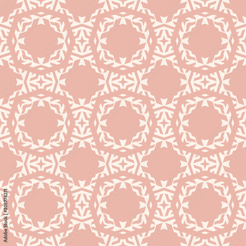 Subtle vector ornamental seamless pattern with carved grid, lattice, diamonds, floral silhouettes. Delicate abstract repeat geometric background. Simple pink ornament texture. Elegant luxury design