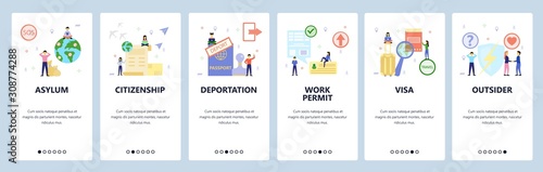 Mobile app onboarding screens. Immigration and international travel, asylum and citizenship, visa, passport. Menu vector banner template for website and mobile development. Web site flat illustration photo