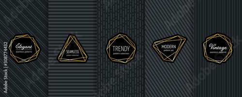 Luxury vector seamless pattern collection. Set of elegant black background swatches with golden minimal labels. Modern gold linear stickers. Subtle abstract texture with lines, stripes. Premium design