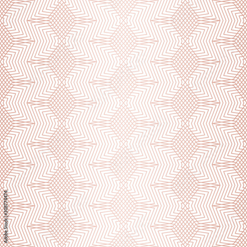 Pink vector geometric seamless pattern with stars, thin broken lines, zigzag, net, mesh, lattice. Simple rose gold geometrical background. Abstract linear texture. Repeated design for decor, print