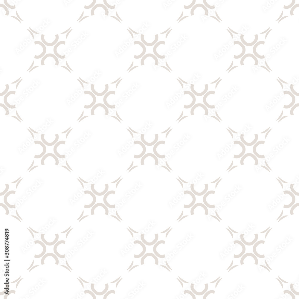 Naklejka premium Subtle linear abstract geometric seamless pattern. White and beige texture with elegant rounded grid, lattice, mesh net, weave. Ornamental luxury background, repeat tiles, modern design. Stock vector