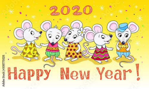 Party of funny mice  symbol of 2020. Banner for your design  greeting card  hand drawing  cartoon style.
