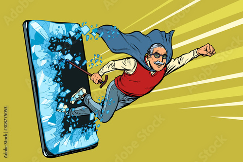Online service for pensioners concept. Old man punches the screen of the smartphone