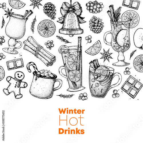 Hot drinks. Mulled wine, winter hot drink. Hand drawn sketch. Vector illustration. Christmas invitation design template. Sketch collection. Christmas bar menu. Mulled wine, coffee and tea.