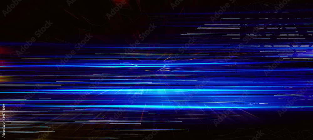 Fototapeta Abstract motion glowing light trails with fractal on the dark background