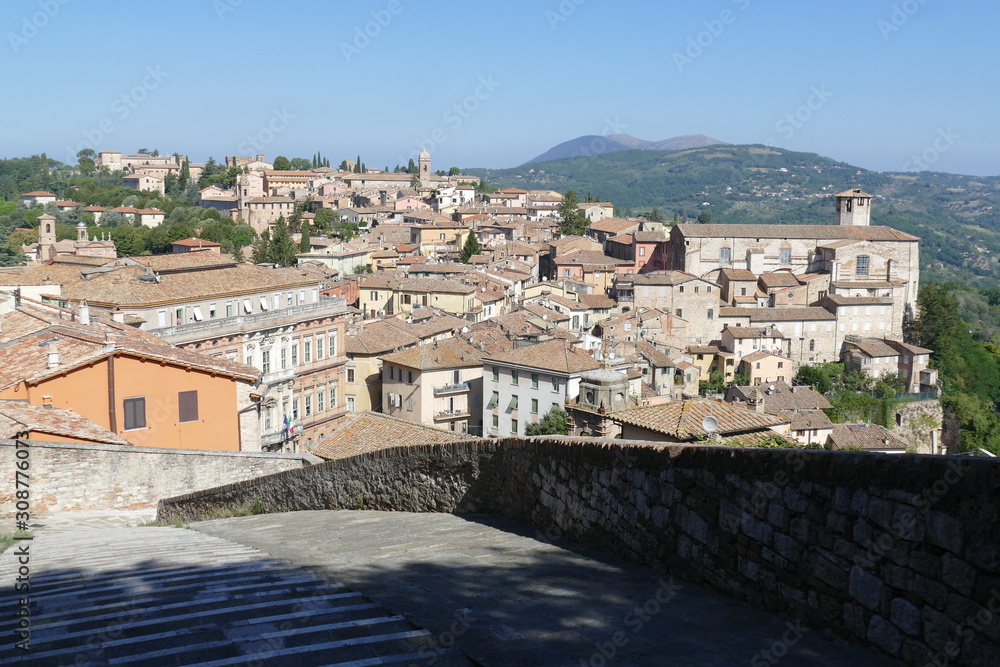 Panorama from Porta Sole, Perugia. Panorama of the city along the Etruscan walls from Porta Sole gate, the highest point of Perugia, Italy.