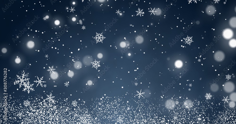 Obraz premium Snowflakes and bokeh lights on the blue Merry Christmas background. 3D rendering