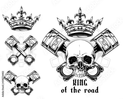 Graphic black and white human skull with crossed car pistons, royal lily king crown and diamonds. Isolated on white background. Vector icon set.