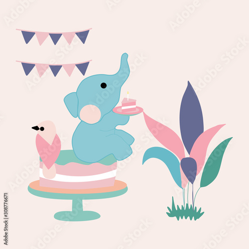 vector illustration with cute elephant, cake and leaves