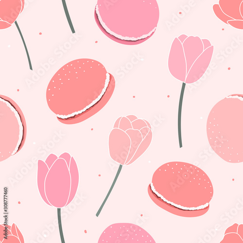 Flowers with macaroons seamless pattern for print, textile, fabric. Modern hand drawn romantic background with flowers and sweet food.