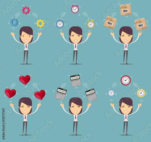 Portrait of a beautiful expressive young brunette with objects. Stock flat vector illustration.