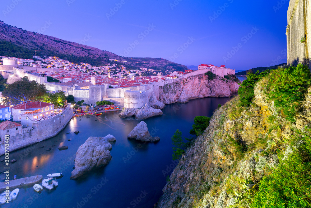 Dubrovnik. Aerial view of the harbor at sunset.
