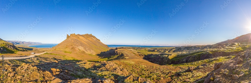 Panoramic view from Snaefellsjökull volcano over the Snaefells peninsula on Iceland in summer