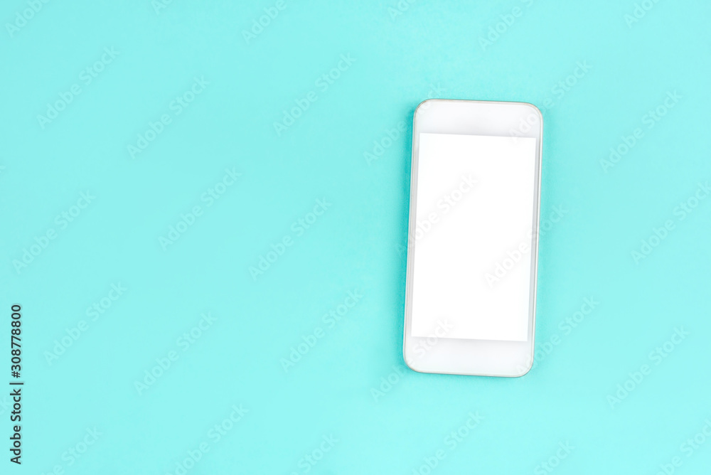 White smartphone on mint background. Flat lay. Space for your text. White smartphone on mint background. Flat lay. Space for your text.