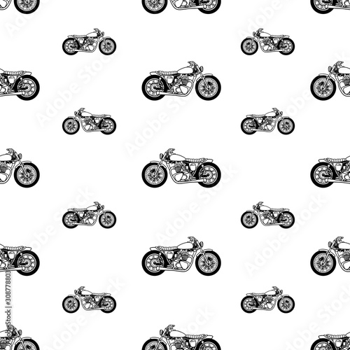 Seamless pattern with vintage motorcycles black silhouettes. isolated on white background.