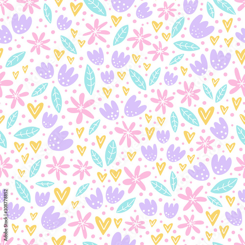Hand drawn seamless pattern with cute flowers.