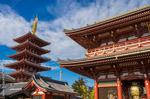 Pagoda in Senso-ji, a Buddhist temple dedicated to Kannon Bosatsu, the Bodhisattva of compassion, it is Tokyo's oldest temple and one of its most significant. Japan, Tokyo.