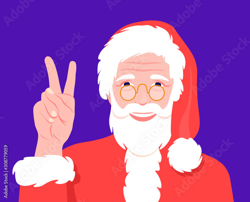 Santa Claus with glasses smiles and shows a victory sign. Happy Christmas and New Year. Grandfather in carnival costume. Vector flat illustration