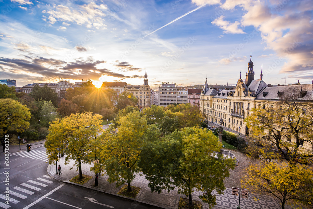 Naklejka premium Prague, Czech Republic - November 03, 2016. Historic buildings in Charles Square - Karlovo Namesti