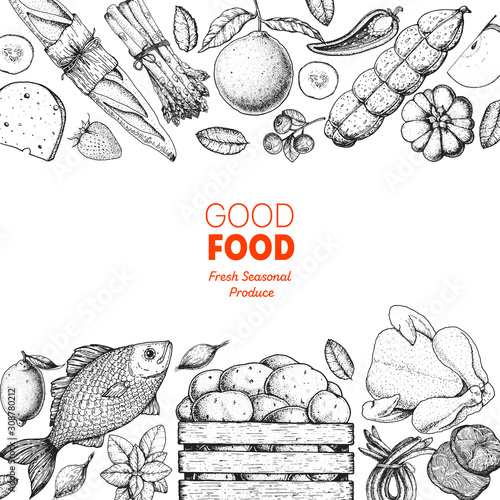 Various food frame. Good food store design concept. Organic food illustration. Farmers market design elements. Hand drawn sketch.