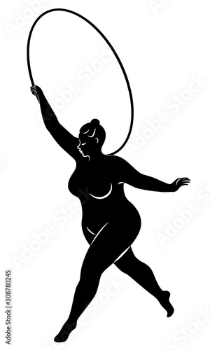 Gymnastics Silhouette of a girl with a hoop. The woman is overweight, a large body. The girl is a full figure. Vector illustration