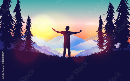 Being free - the great feeling of freedom illustrated with a man in a forest admiring the landscape and sunrise. Fresh air, hiking, travelling and adventure concept.