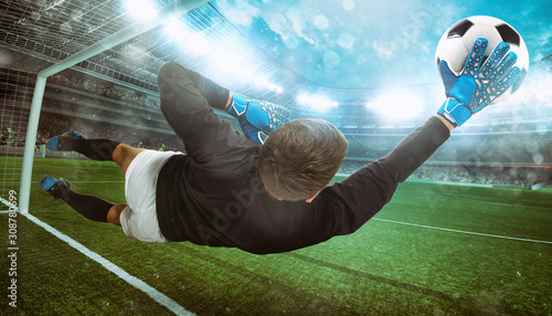 Goalkeeper catches the ball in the stadium during a football game photo
