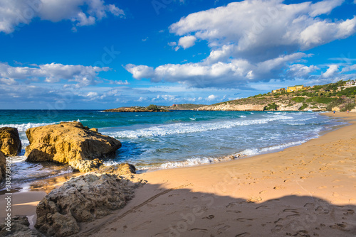 Sandy beach of Kalathas with the picturesque islet in Akrotiri Chania, Crete, Greece.