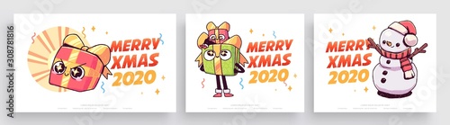 New Year 2020 And Christmas Greeting Card collection. Cute holiday themed Characters and situations
