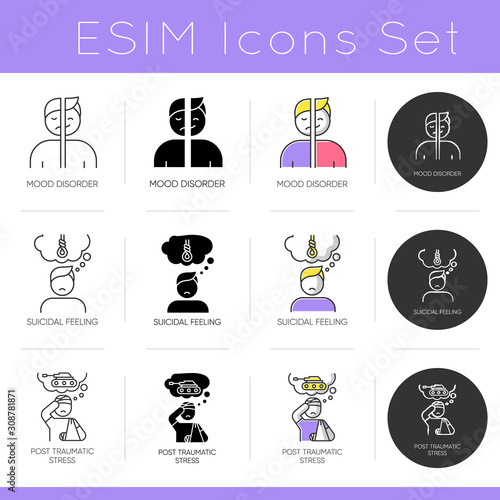Mental disorder icons set. Suicidal feeling. Post-traumatic syndrom. Mood affective disorder. Stress and anxiety support. Flat design, linear, black and color styles. Isolated vector illustrations