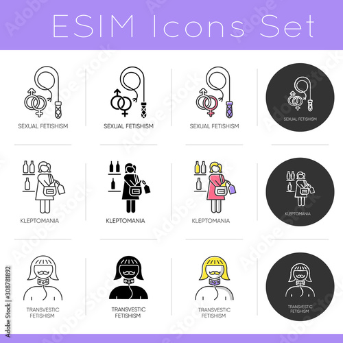 Mental disorder icons set. Sexual fetishism. Kleptomania and substance abuse. Transvestic fetishism. Perversion, deviation. Flat design, linear, black and color styles. Isolated vector illustrations