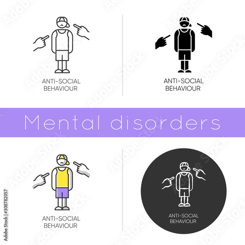 Anti-social behaviour icon. Harassment and bullying. Teenager depression. Agressive public. Anxiety and loneliness. Mental disorder. Flat design, linear and color styles. Isolated vector illustrations