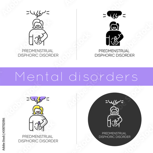 Predmenstrual dysphoric disorder icon. Menstrual cramp. Woman in pain. Physical tension. Premenstrual health care. Mental issue. Flat design, linear and color styles. Isolated vector illustrations