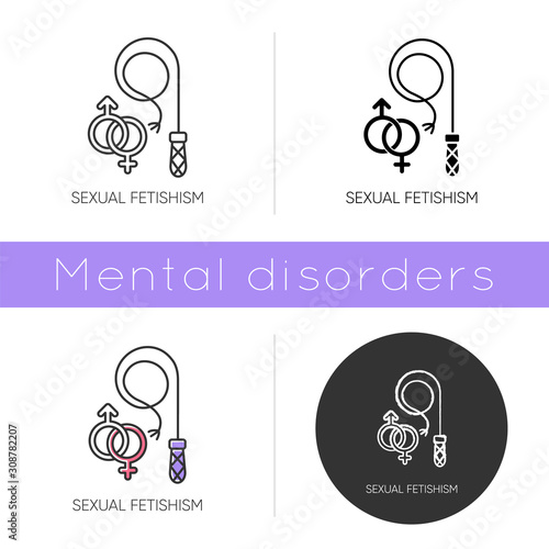 Sexual fetishism icon. Male and female erotic play. Sex toy stimulation. Specific intimate behaviour fixation. Mental disorder. Flat design, linear and color styles. Isolated vector illustrations