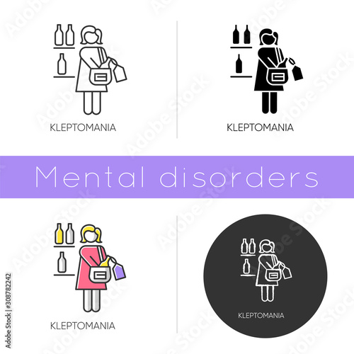 Kleptomania icon. Woman stealing alcohol. Substance abuse. Obsessive-compulsive spectrum. Mental disorder. Person hiding beverage. Flat design, linear and color styles. Isolated vector illustrations