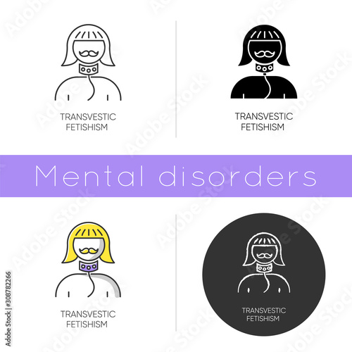 Transvestic fetishism icon. Queer person. Androgynous man. Drag crossdressing. Paraphilia. Sexual deviation. Mental disorder. Flat design, linear and color styles. Isolated vector illustrations