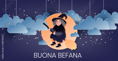 Buona Befana (translation: Happy Epiphany) greeting card template with handwritten lettering, old witch flying on a broom in the night to bring presents. Hand drawn flat vector illustration.
