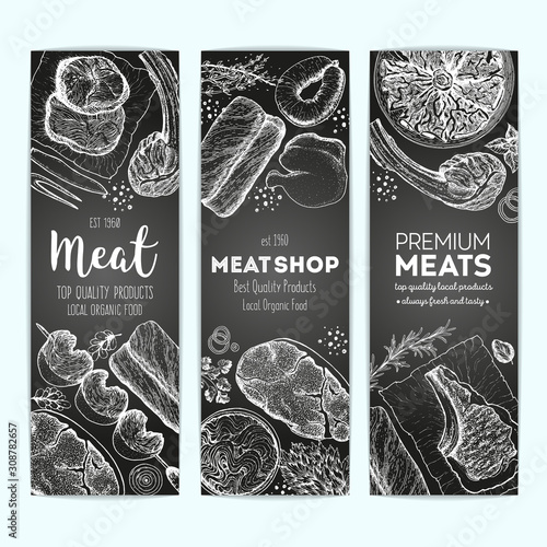 Meat top view, banner collection. Vector illustration set. Engraved design. Hand drawn illustration. Meat products design template.