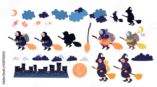 Buona Befana greeting card elements set with old witch flying on a broom in the night to bring presents. Hand drawn flat vector illustration. Phrase translation: Happy Epiphany