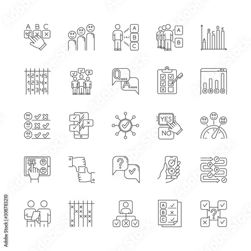 Survey linear icons set. Question and answer. Social poll. Group survey. Interview, feedback. Statistics analysis. Thin line contour symbols. Isolated vector outline illustrations. Editable stroke